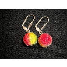 Two round multi colour textured glass short drop earrings Rastafari