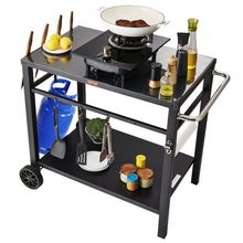 Outdoor Grill Dining Cart with Double-Shelf, BBQ Movable Food Prep Table, Mu...