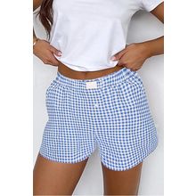 blue Red Plaid Gingham Printed High Waist Shorts