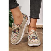 Beige Geometric Lace-up Decor Slip On Shoes