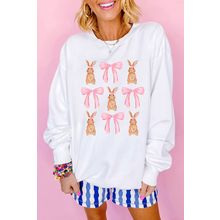 White Easter Bunny Bow Print Round Neck Pullover Sweatshirt