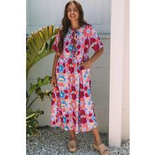 Rose Floral Tied Front High Waist Short Sleeve Loose Long Dress