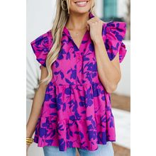 Rose Floral Print Collared Button Neckline Flutter Sleeve Blouse