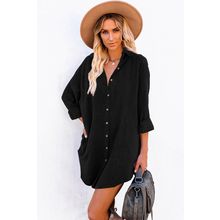 Black Corduroy Shirt Style Full Button Long Sleeve Shift Mini Dress