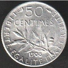 1908 France 50 Centimes Silver Coin