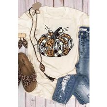 Khaki Thankful Pumpkin Plaid Print Crewneck Graphic Tee