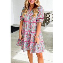Light Blue Abstract Printed Ricrac Tiered Puff Sleeve Dress