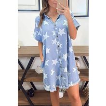 Sky Blue Stars Frayed Hem Collared Short Sleeve Denim Dress