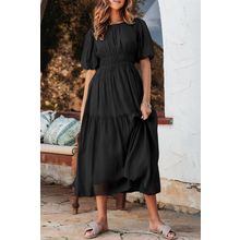 Black Puff Sleeve Pleated High Waist Flowy Midi Dress