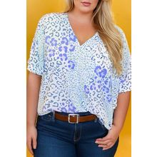Sky Blue Leopard Print Short Sleeve V Neck Plus Size Top