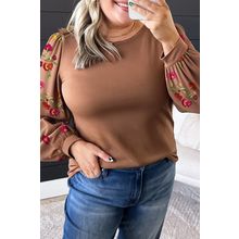 Brown Floral Sleeve Patchwork Round Neck Plus Blouse