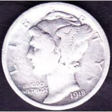 1918 USA 10 Cents Silver Coin Mercury