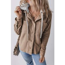 Pale Khaki Hooded Drawstring Pockets Corduroy Shacket