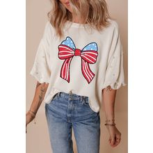 White Stars Stripes Bowknot Graphic Pearled Puff Half Sleeve T Shirt