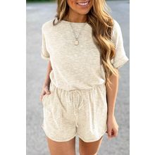 Beige Ribbed Elastic Waist Romper