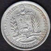 1960 Venezuela 1 Bolivar (Gram 5) Silver Coin