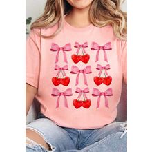 Pink Bow Cherry Print Crew Neck Casual T Shirt