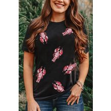 Black Sequined Crayfish Round Neck Graphic Tee