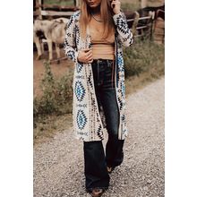 Sky Blue Western Aztec Printed Open Front Long Cardigan