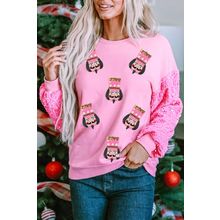 Pink Christmas Nutcracker Graphic Sequin Patchwork Long Sleeve Top