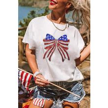 White USA Flag Bow Knot Patched Crew Neck T Shirt