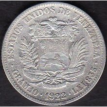 1922 Venezuela 2 Bolivares (Gram 10) Silver Coin