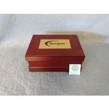 MAHOGANY COLORED HINGED BOX with TANGOE PLAQUE and GREEN FELT LINING