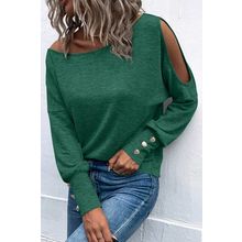 Green Asymmetrical Cut Out Buttoned Long Sleeve Top