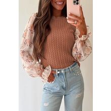 Golden Fleece Floral Patchwork Ruffled Cuff Cable Knit Sweater