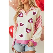 Pink Stripe Patchwork Sequin Heart Pattern Long Sleeve Collared Split Top