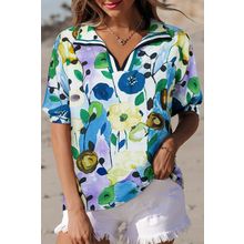 Light Blue Floral Print Slit V Neck Short Sleeve Blouse