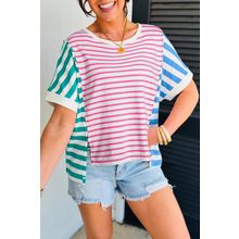 Pink Stripe Mixed Pattern Patchwork Uneven Hem Loose Tee
