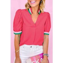 Carrot Colorful Trim V Neck Short Sleeve Blouse