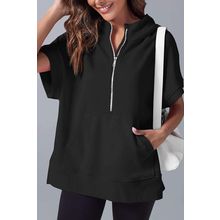 Black Half Zipper Kangaroo Pocket Short Sleeve Hoodie
