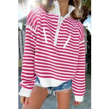 Pink Stripe Zip up Collar Drop Shoulder Sweater