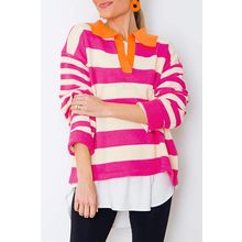 Rose Stripe Color Block Collared V Neck Drop Shoulder Sweater