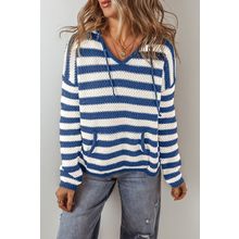 Blue Stripe V Neck Pocketed Drawstring Hooded Sweater