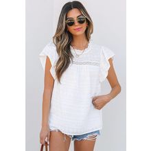 White Lace Neckline Flutter Sleeve Eyelets Blouse