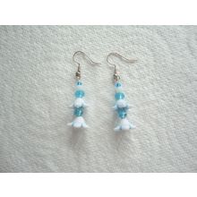 Handmade Turquoise & White Acrylic Flower Bead Drop Earrings. SP Hook Ear-Wires.