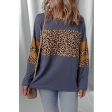 Dark Blue Leopard Colorblock Patchwork Long Sleeve Drop Shoulder Top