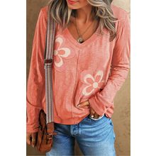 Fresh Salmon Floral Patchwork V Neck Long Sleeve T Shirt