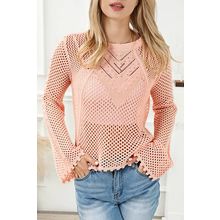 Pink Hollowed Eyelets Knit Bell Sleeve Sweater