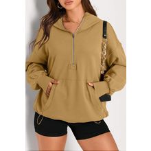 Brown Solid Kangaroo Pocket Half Zipper Oversized Hoodie