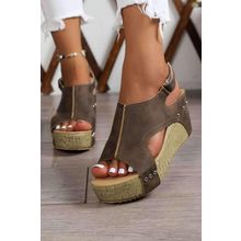 Chestnut Suede Patched Studded Cut Out Wedge Sandals