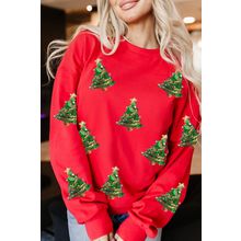 Red Sequin Christmas Tree Graphic Drop Shoulder Sweatshirt