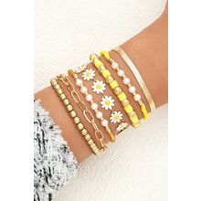 Gold Daisy Beaded Chain Adjustable Multi Layer Bracelet Set