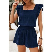 Dirty blue Textured Square Neck Top and Shirred High Waist Shorts Set