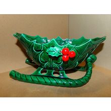 Vintage Lefton Holly Berry Sleigh Candy / Nut Dish