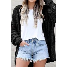 Black Casual Hollowed Knit Dolman Sleeve Cardigan