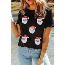 Black Sequin Christmas Claus Pattern Crewneck T Shirt
